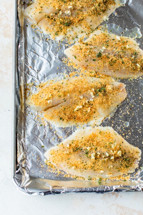 Tilapia Oreganata on foil lined sheet pan