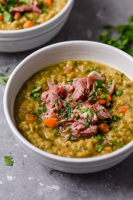 This easy split pea soup with ham is what I crave on cold nights! It's a comforting recipe made with just 6 ingredients not counting salt. A bowl of split pea soup.