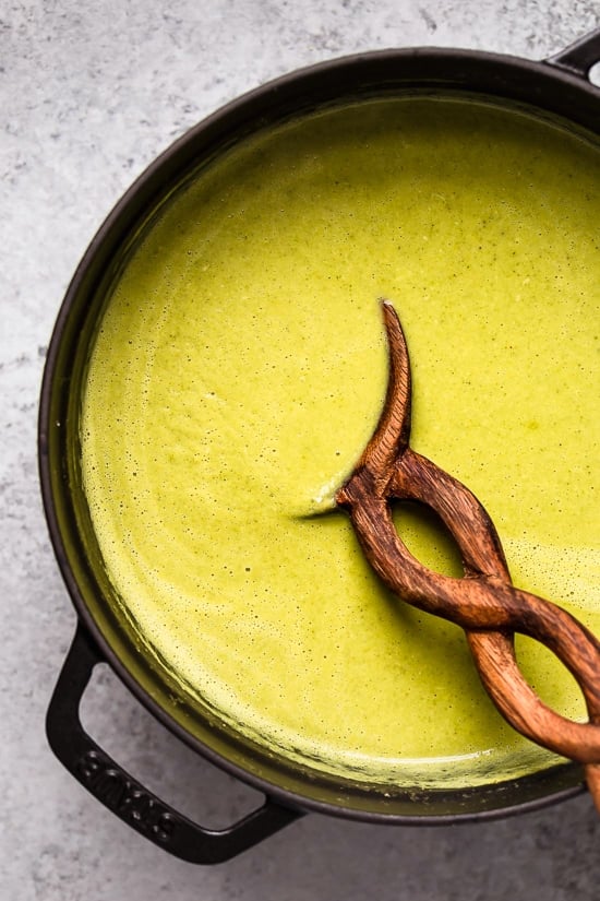 To make creamed soups without cream, use the vegetables to thicken it and puree.