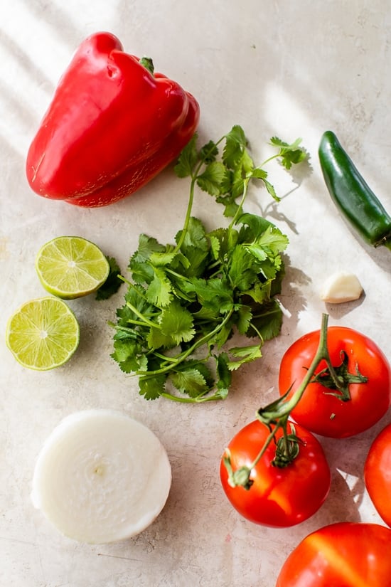 tomatoes, onion, cilantro, limes