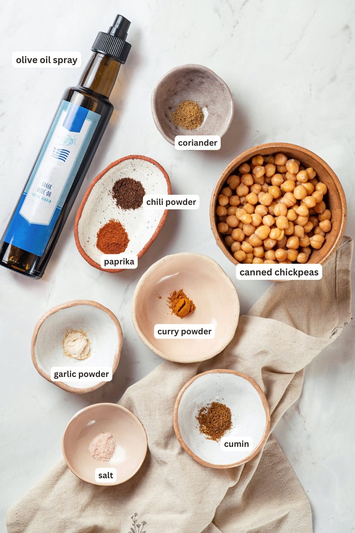Overhead view of ingredients for roasted chickpeas with labels