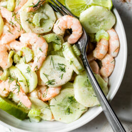 This Creamy Shrimp and Celery Salad is seasoned with Old Bay and lime juice and mixed in a light creamy sauce.