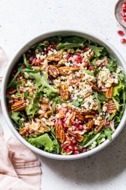 This beautiful, delicious fall or winter salad is made with mixed baby greens, pomegranate, gorgonzola and pecans with a pomegranate vinaigrette.