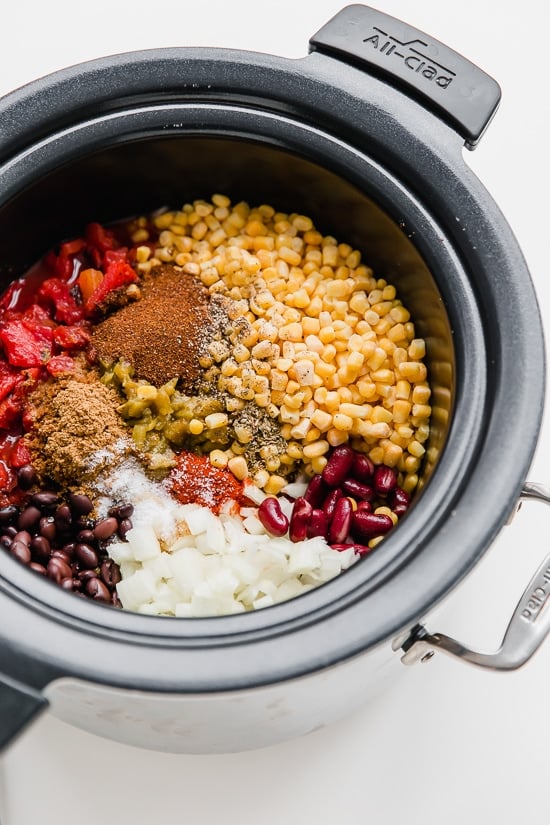 Crock Pot Chicken Taco Chili is an easy slow cooker dump recipe using freezer and pantry staples!