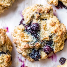 Blueberry scones on parchment paper.