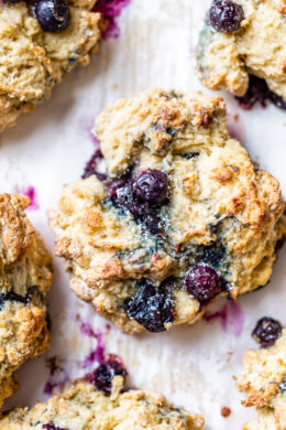 Blueberry scones on parchment paper.