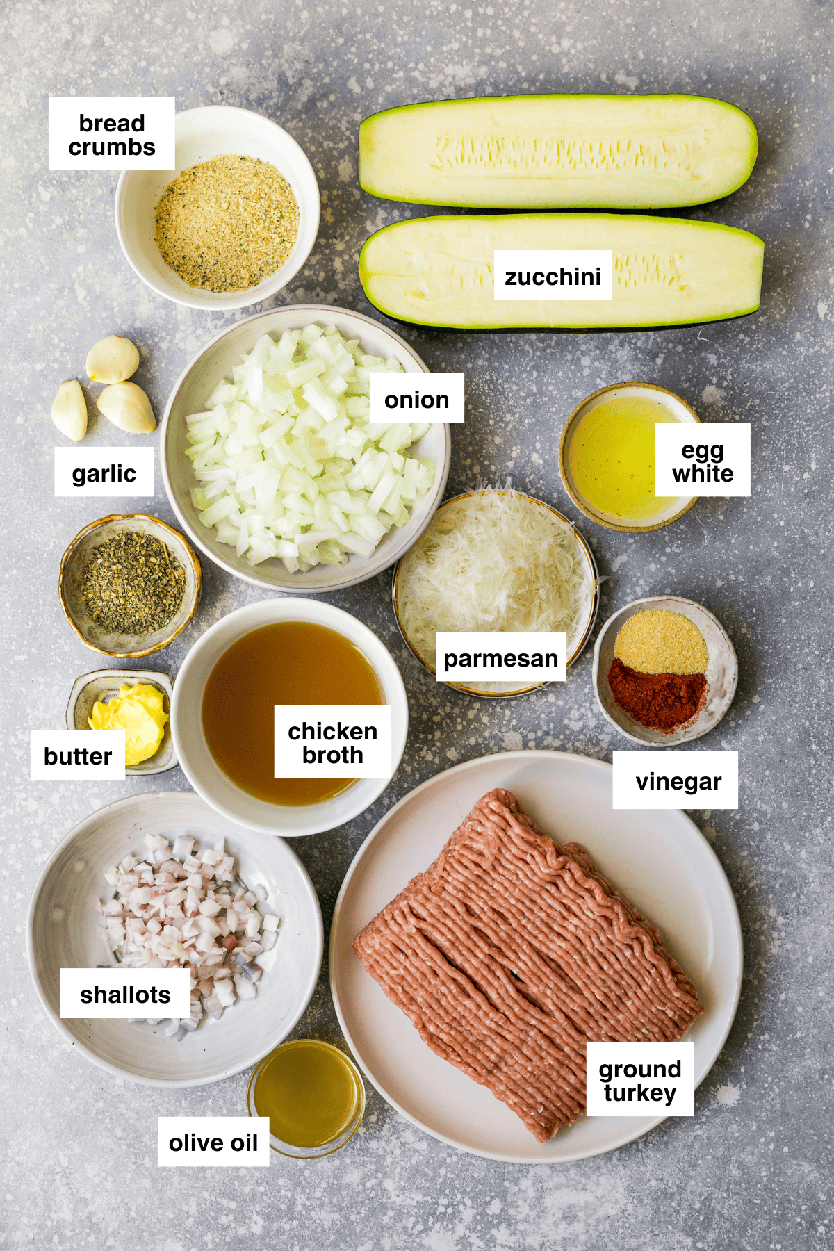 Stuffed Turkey Zucchini ingredients laid out on table.