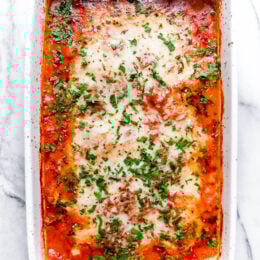 This Lighter Eggplant Parmesan is one of my favorite ways to eat eggplant. No breading, just eggplant, cheese and marinara.