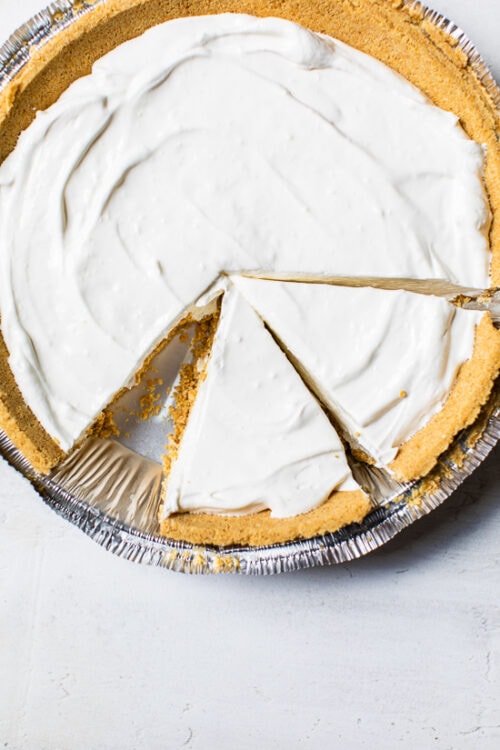 Overhead view of sliced no-bake cheesecake