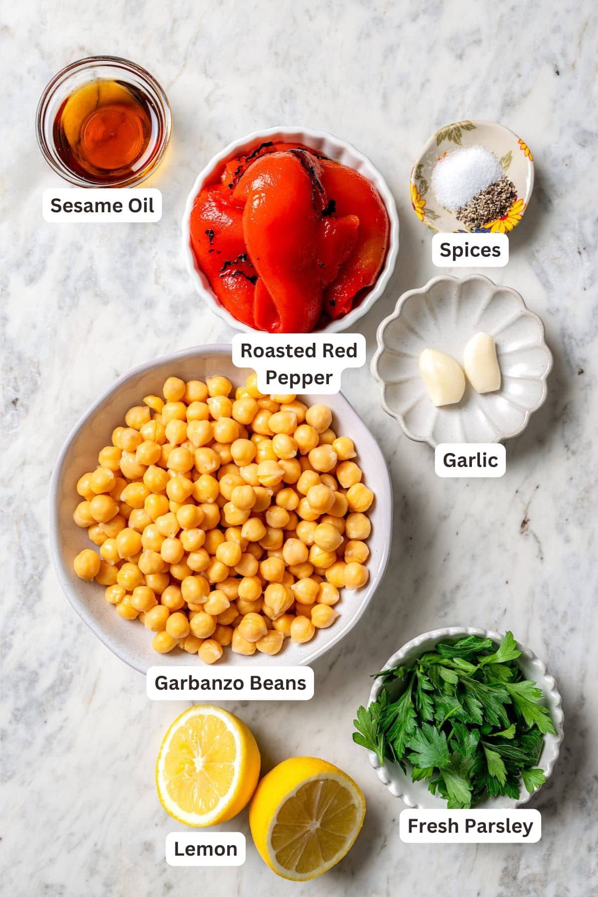 Overhead view of ingredients for roasted red pepper hummus