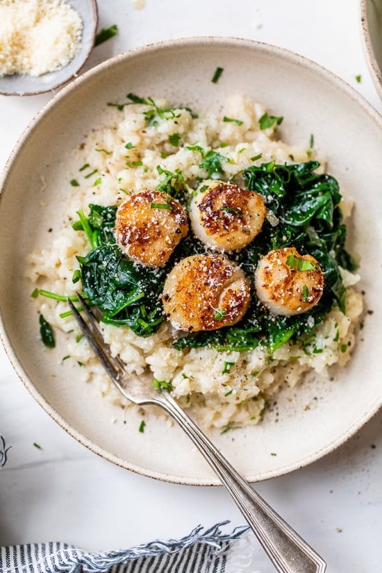 Scallops over Wilted Spinach Parmesan Risotto