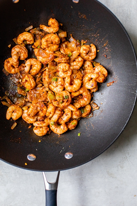 Spicy Shrimp Fried Rice made healthier using leftover cooked brown rice, a delicious whole grain that's high in fiber, so it fills you up.