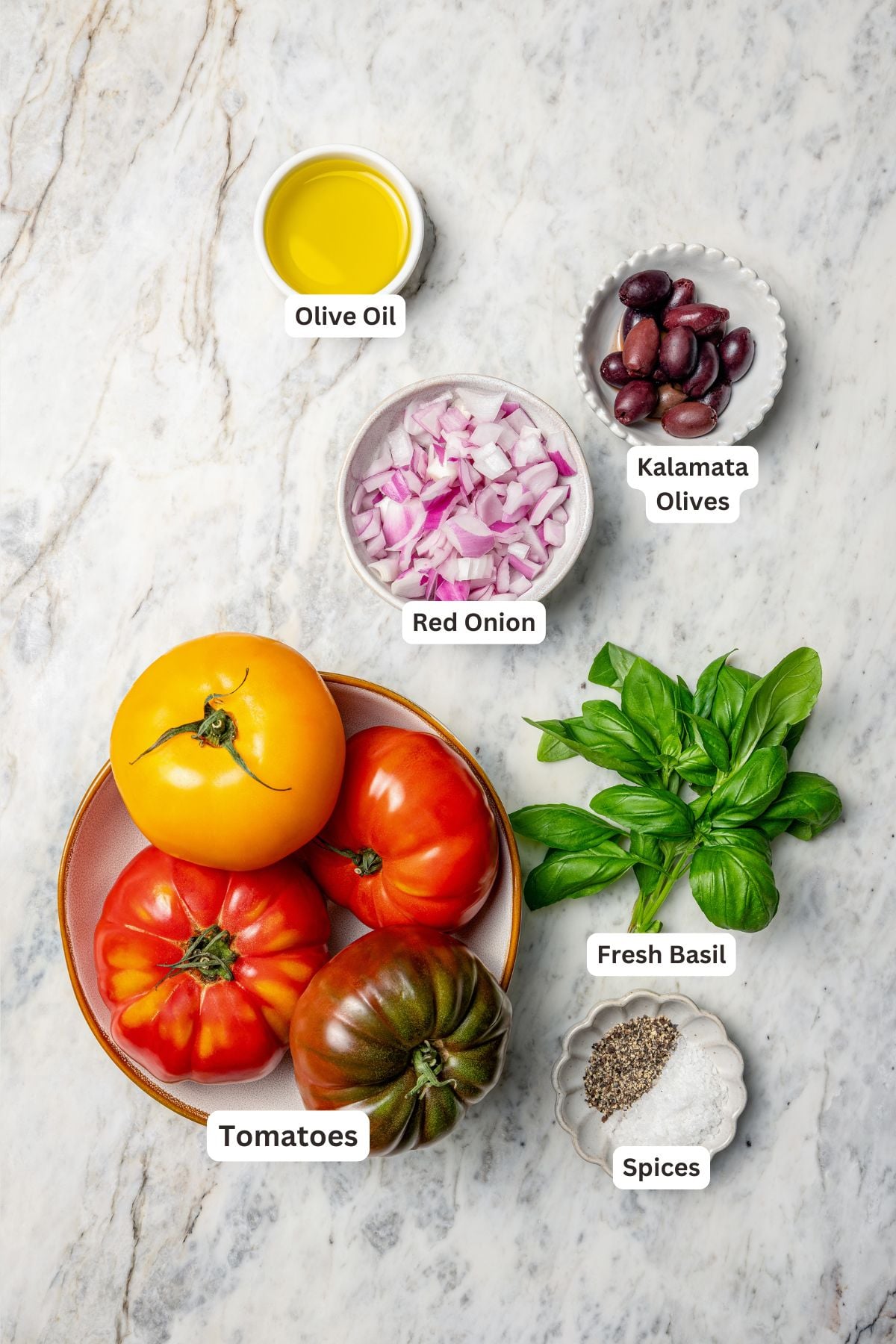 Overhead view of ingredients for heirloom tomato salad
