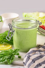 Jar of basil green goddess dressing