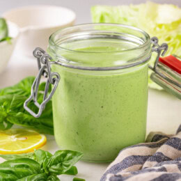 Jar of basil green goddess dressing