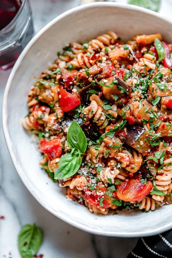This simple Eggplant and Tomato Sauce is delicious, made with diced eggplant stewed in tomatoes and garlic. I love it served over pasta but it's also great as a side dish on it's own.