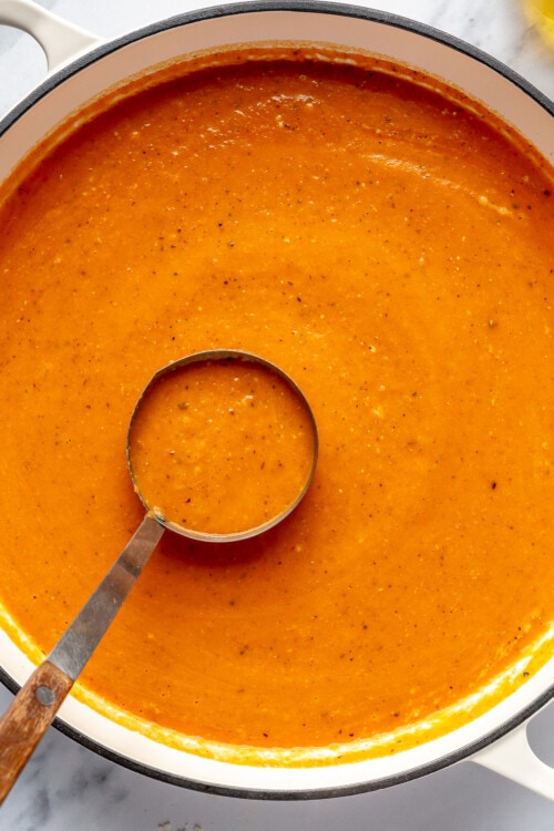 Roasted Red Pepper Soup with ladle