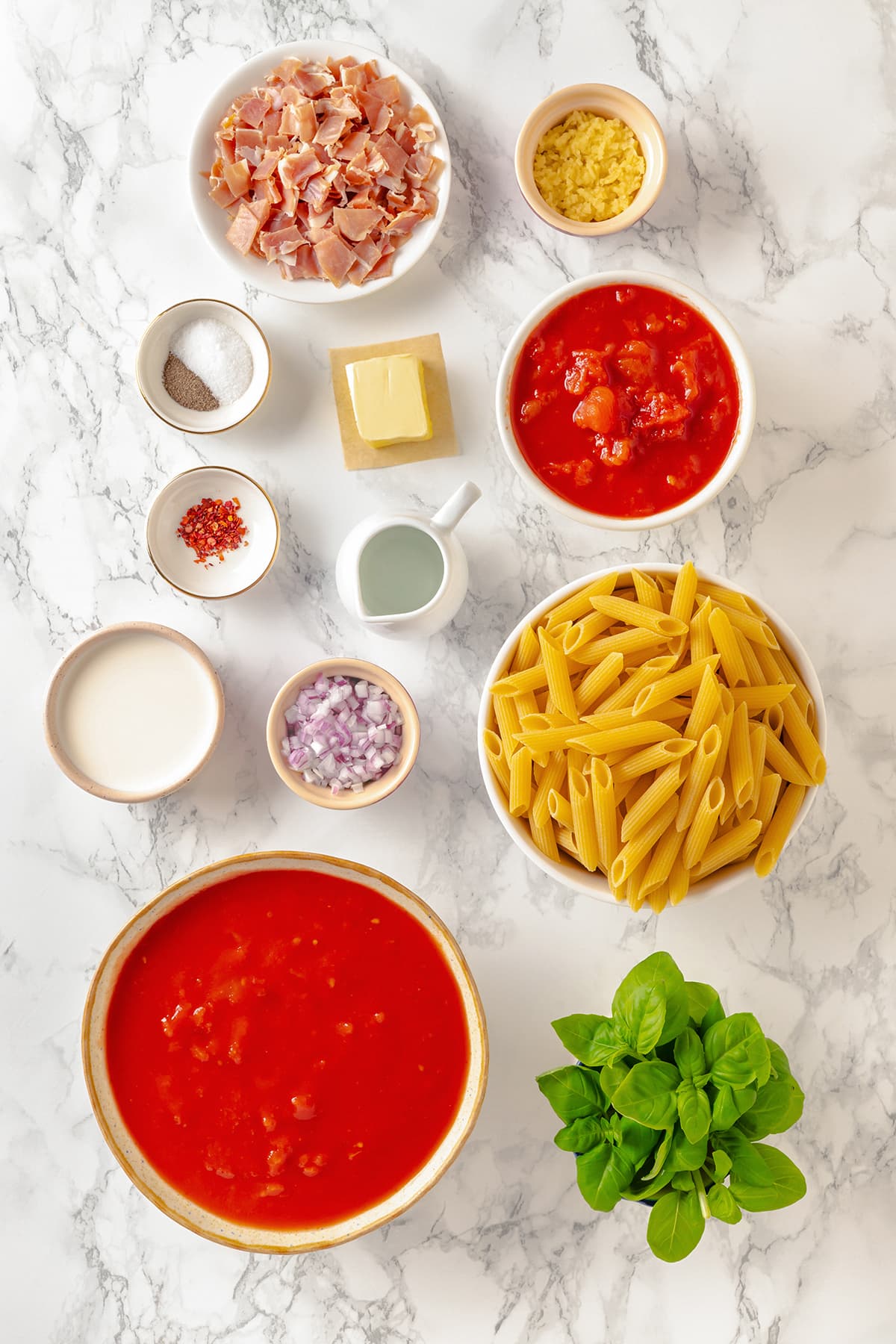 Penne alla Vodka is a simple yet showstopping pasta dish. The creamy tomato vodka sauce comes together in less than 30 minutes. Overhead view of ingredients needed to make penne alla vodka