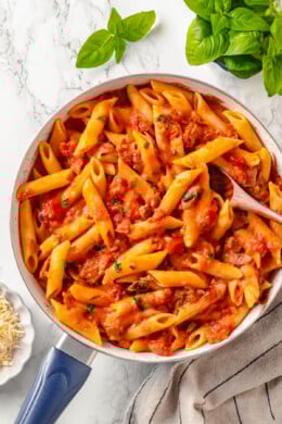 Overhead view of a dish of penne with vodka sauce