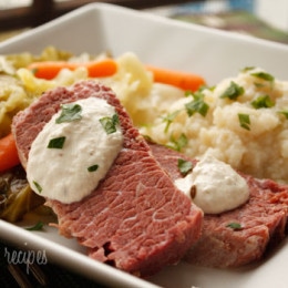 What's St. Patrick's Day without Corned Beef and Cabbage! A simple way to prepare this classic Irish dish. Top it with horseradish cream or mustard and serve it with a side of creamy cauliflower puree as a low carb alternative to potatoes.