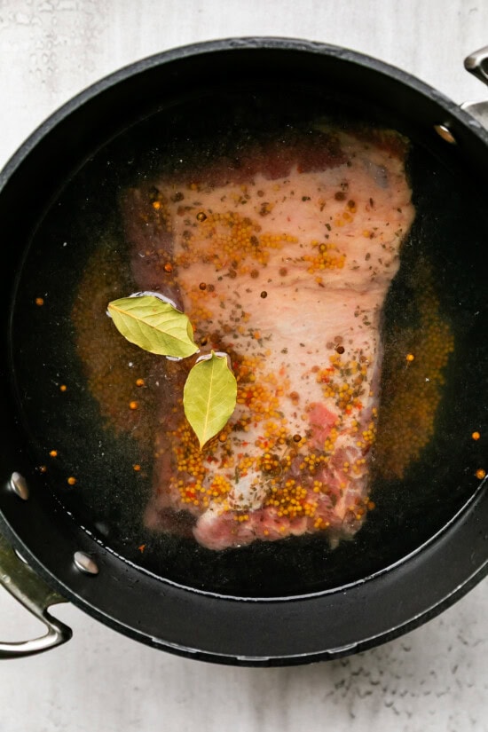 Corned Beef and bay leaves in a pot