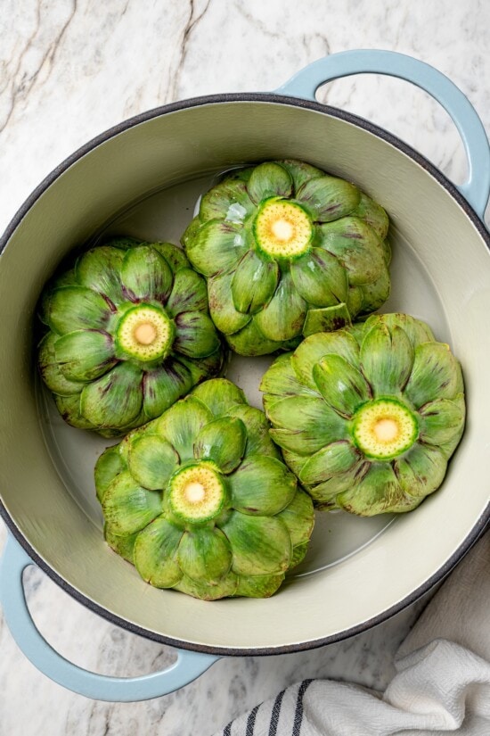 Stuffed artichokes are a classic Italian dish made with crispy, cheesy breadcrumbs. My version is a bit lighter but just as delicious! Artichokes added to pot of water