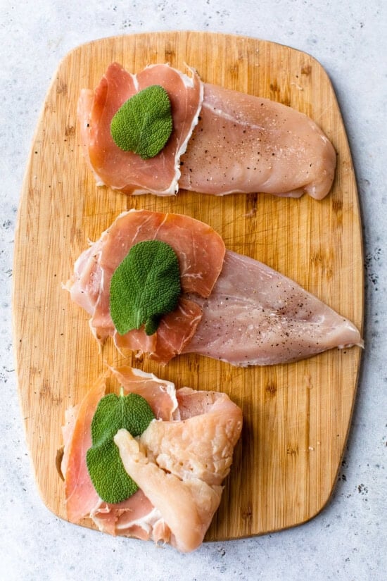 This lighter chicken saltimbocca is a restaurant-quality dinner with chicken cutlets stuffed with prosciutto and sage in white wine sauce. Chicken cutlets topped with proscuitto and sage