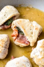 Chicken saltimbocca in skillet with white wine butter sauce