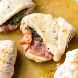 Chicken saltimbocca in skillet with white wine butter sauce
