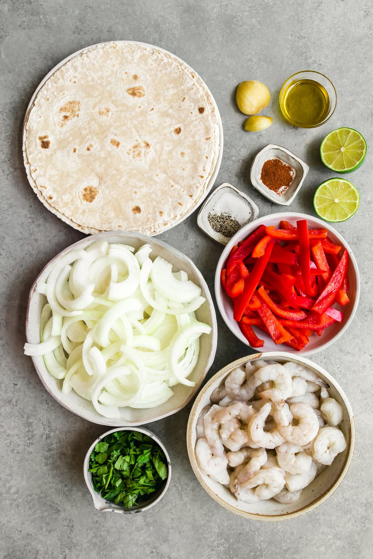 shrimp, peppers, onions, tortillas