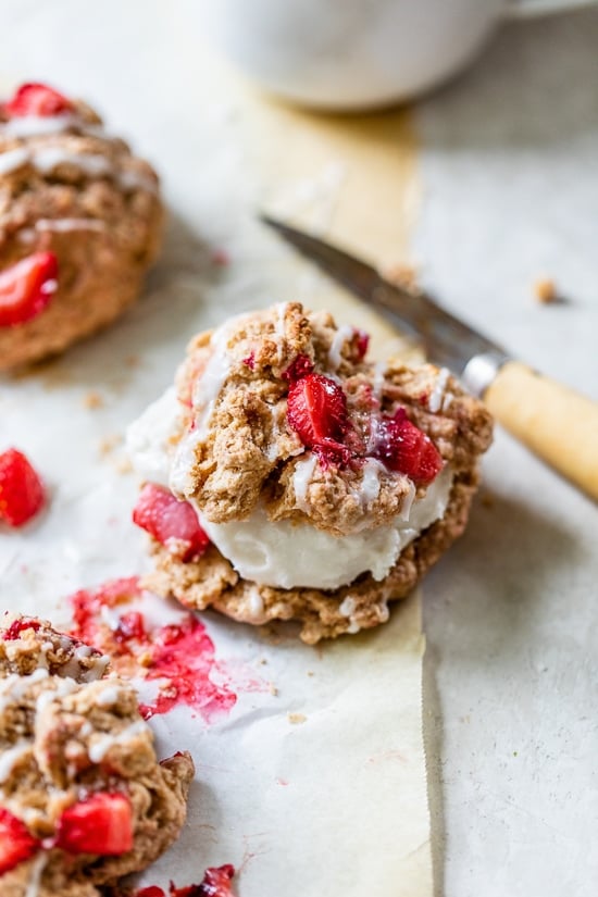 These simple strawberry scones made lighter are a wonderful breakfast and a delicious way to use up fresh summer strawberries! strawberry shortcake scones