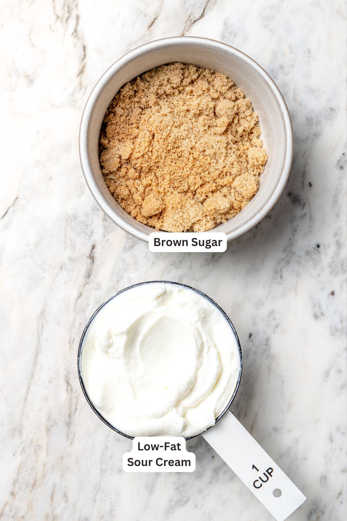 Overhead view of ingredients for fruit kabob dip