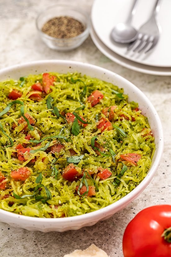 Pesto Spaghetti Squash with Tomatoes