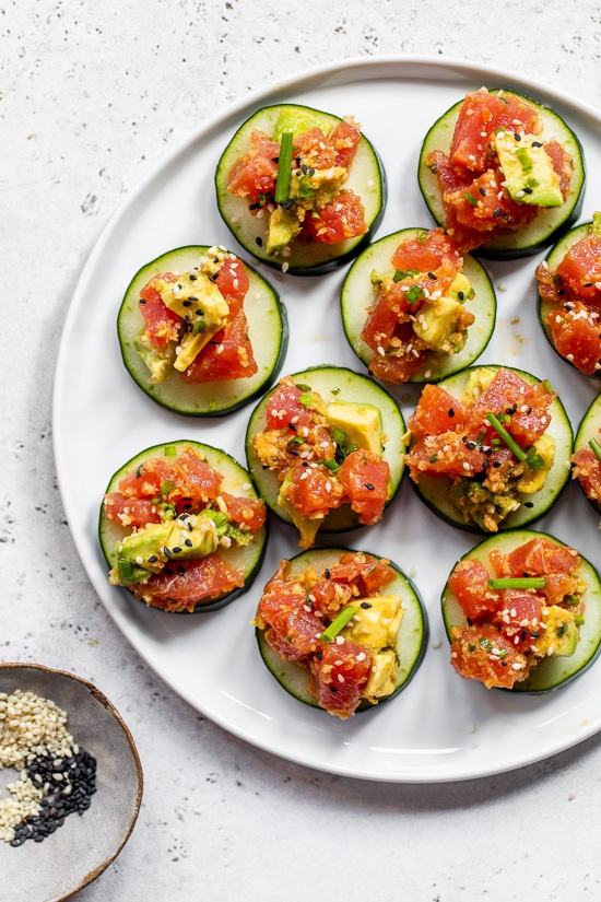 Tuna Tartare on cucumbers.