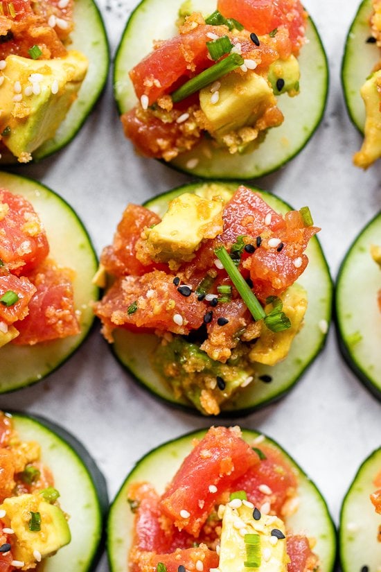 Tuna Tartare on cucumbers.