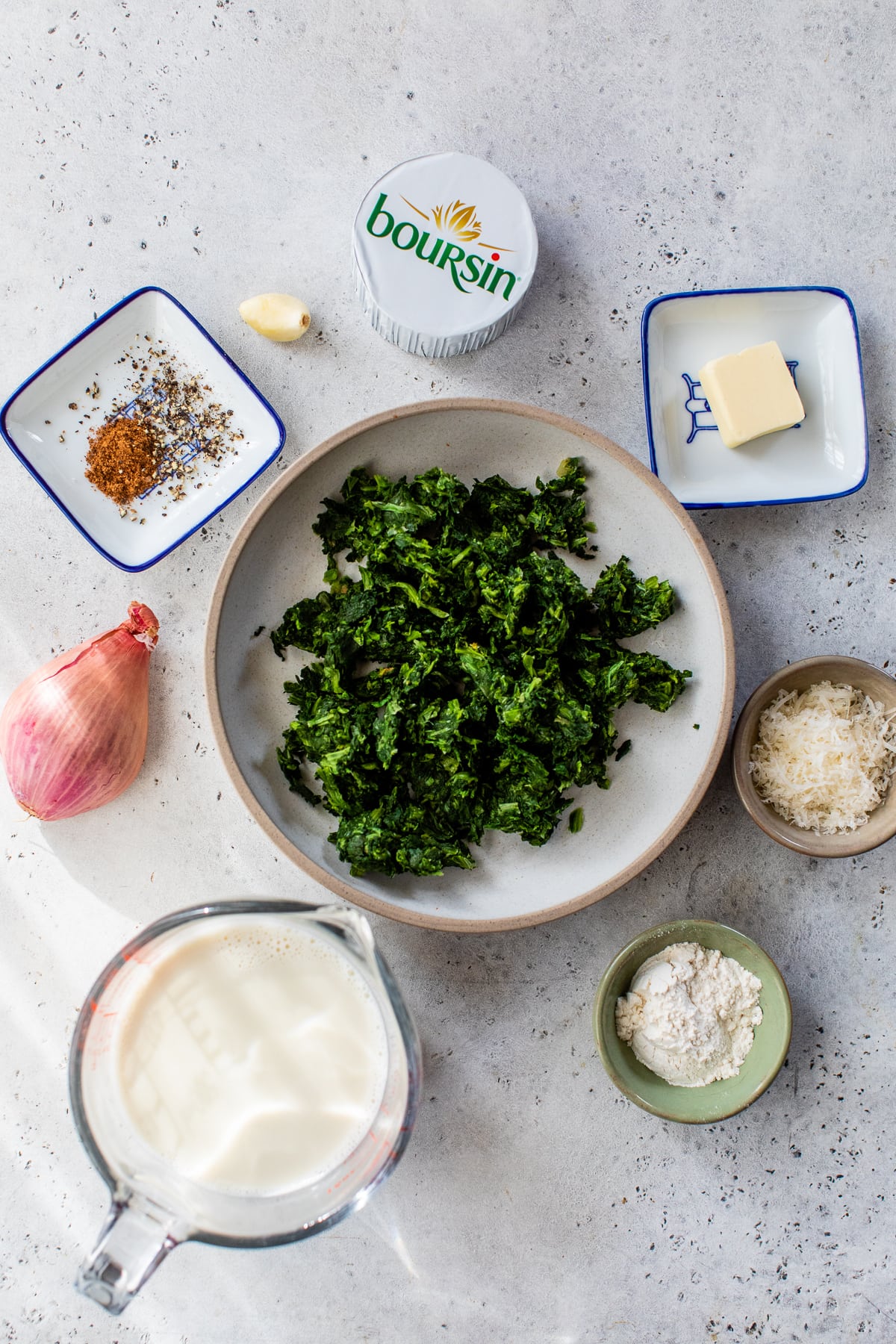 boursin, frozen spinach, shallots