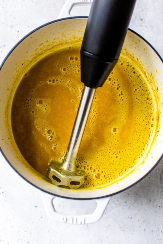 This Butternut Squash Soup is made with coconut milk, curry, and Indian spices which perfectly compliment the flavor of the butternut squash. soup with immersion blender