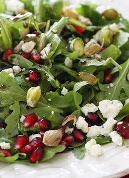 A simple yet elegant salad, easy enough to enjoy as a quick lunch or extravagant enough to make it to your holiday table. Each bite you take will give you a burst of flavor from the pomegranate arils.