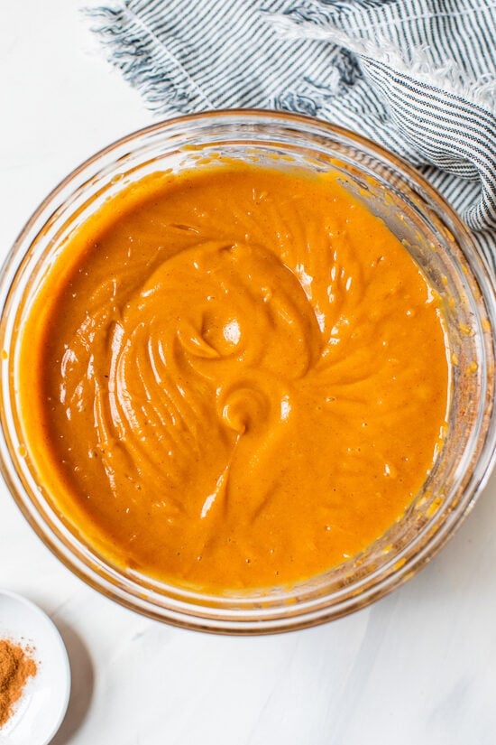 Still looking for the perfect Thanksgiving dessert? This easy, healthier version of the classic sweet potato pie recipe is always a hit! Sweet potato pie filling in bowl