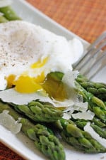 Poached eggs, asparagus, kosher salt, fresh pepper and shaved Pecorino Romano. This simple egg dish is delicious for breakfast, lunch or brunch. You can serve this with whole grain toast on the side.