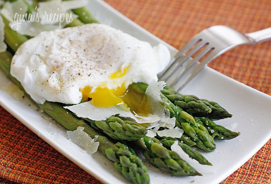 Poached eggs, asparagus, kosher salt, fresh pepper and shaved Pecorino Romano. This simple egg dish is delicious for breakfast, lunch or brunch. You can serve this with whole grain toast on the side.