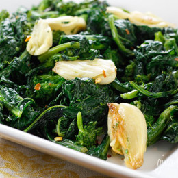 Broccoli Rabe roasted with chunks of garlic and oil and a touch of crushed red pepper flakes.