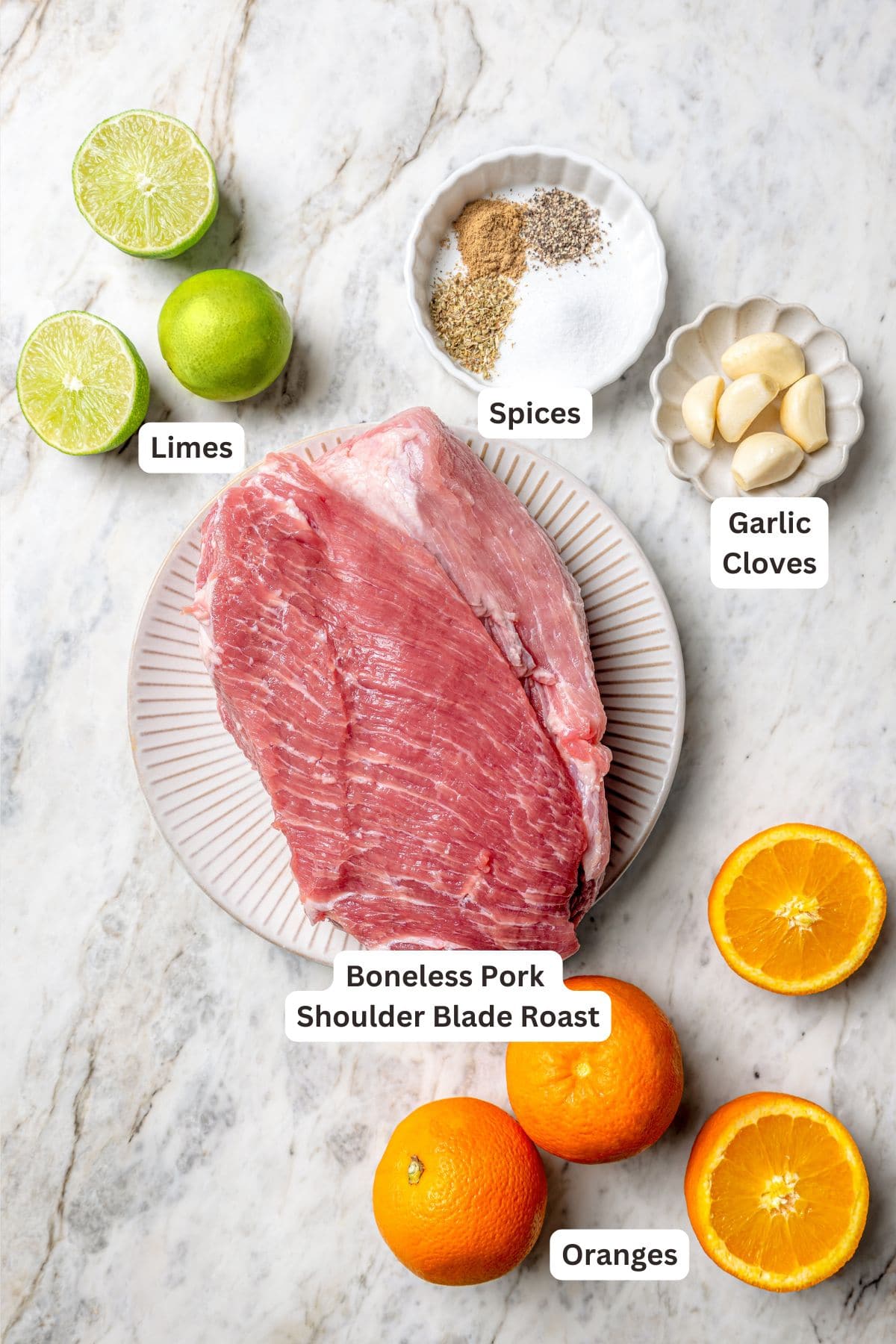 Ingredients for pernil recipe with labels