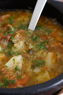 For the meat and potato lover, this hearty quinoa soup is for you. A nourishing one pot meal, typically served with aji and avocado on the side.
