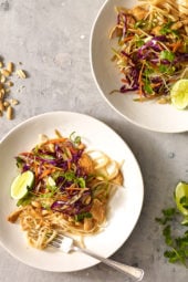 Overhead view of Asian peanut noodles with chicken in two bowls