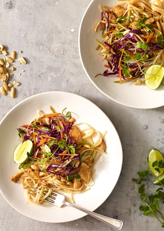 Overhead view of Asian peanut noodles with chicken in two bowls