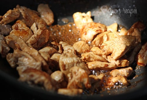 Chicken in wok for Asian peanut noodles