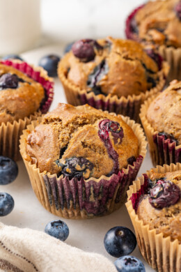 Blueberry muffins on countertop with fresh blueberries