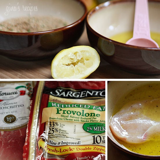 Chicken cutlets dipped in lemon and olive oil, gently coated in a combination of bread crumbs and romano cheese then rolled with prosciutto, cheese and red onion and baked until golden.