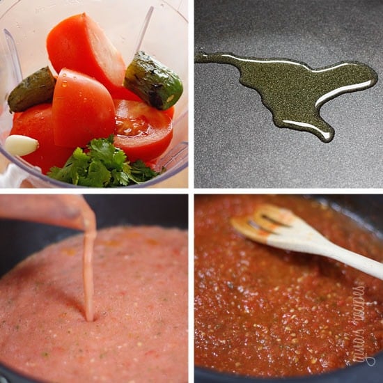 This spicy red salsa is made with fresh tomatoes, roasted jalapeño, garlic and cilantro, pureed in a blender then simmered until the tomatoes deepen in color.